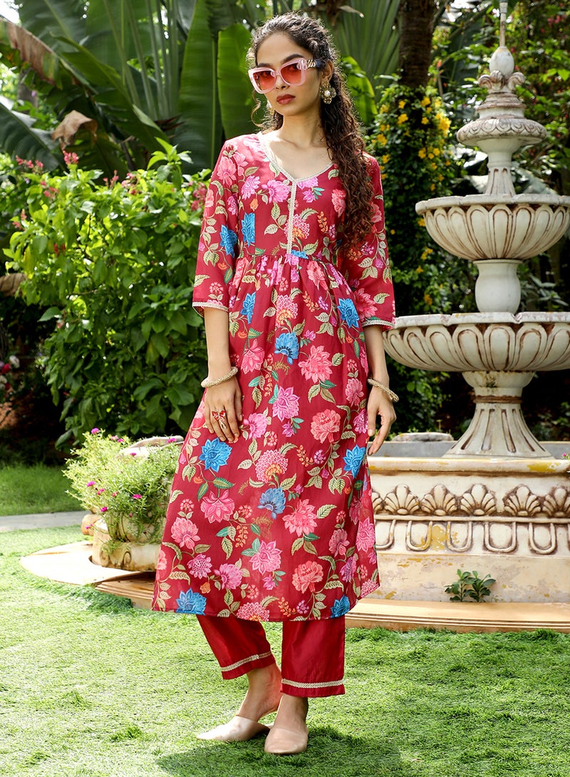 QISSA Women's Crimson Red Flora Cluster Kurta With Trousers And Dupatta For Casual Wear | V-Neck | Quarter Sleeve | 3 Piece Kurta Set Designed With Comfort Fit For Everyday Ethnic Wear - Image 2